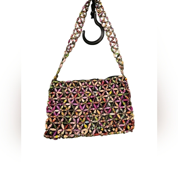 Upcycled Handbags - Handmade Upcycled Beaded Purse Boho Shoulder Bag Multi-Color EUC